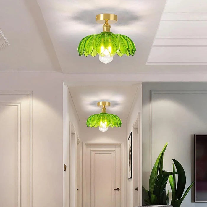 LumiLeaf – Retro Minimalist Green Glass Ceiling Light with Semi-Flush Design