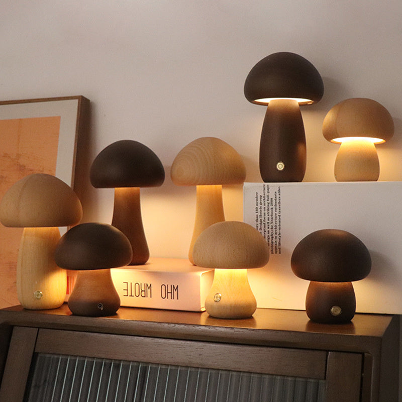 MushroomGlow – Rechargeable Wooden Table Lamp with Touch LED Light