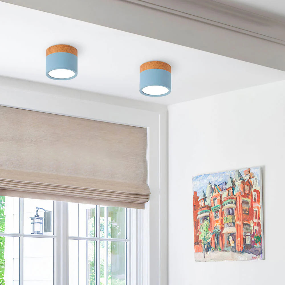 LumiTone – Modern Cylindrical Ceiling Light with Wooden Accent & LED Glow