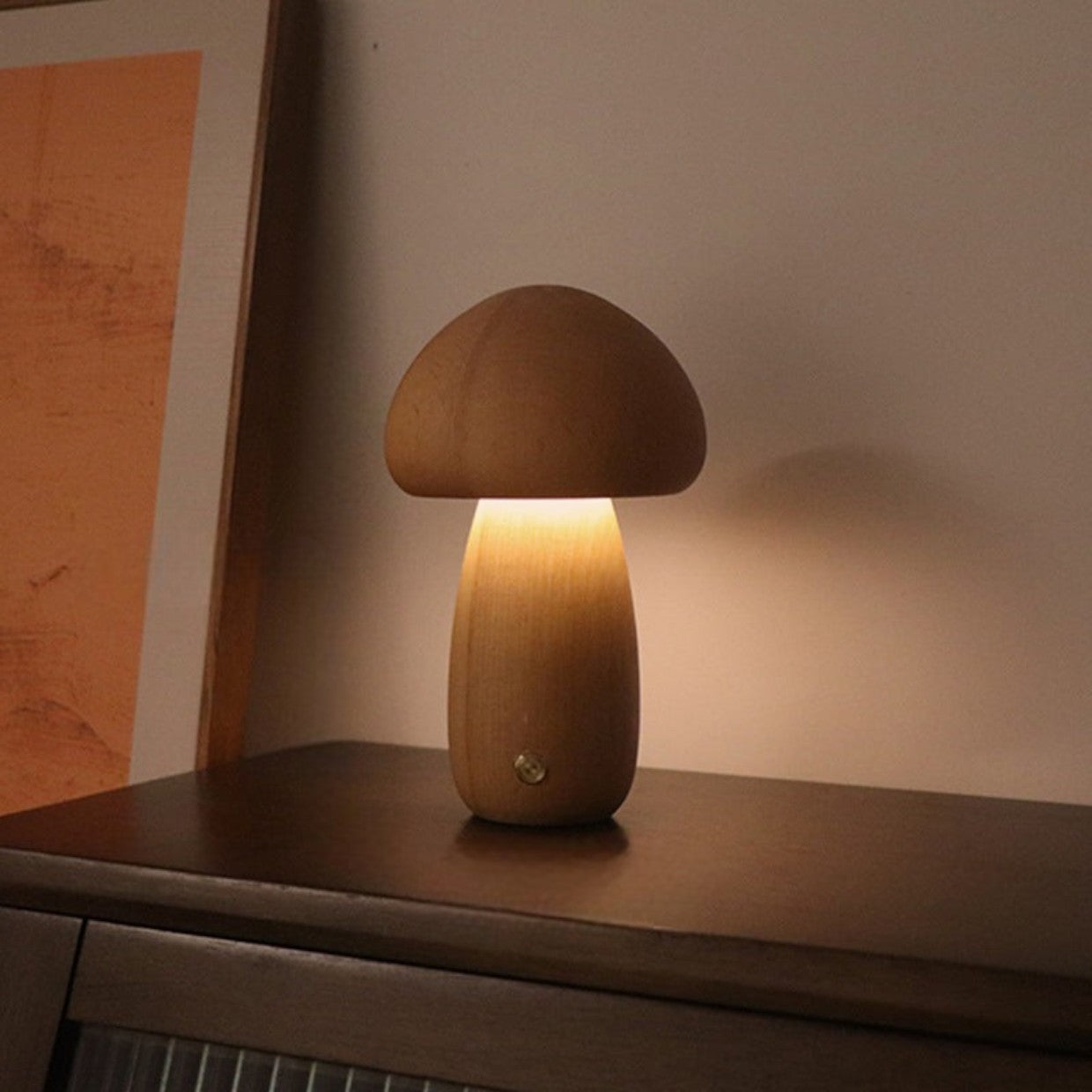 MushroomGlow – Rechargeable Wooden Table Lamp with Touch LED Light