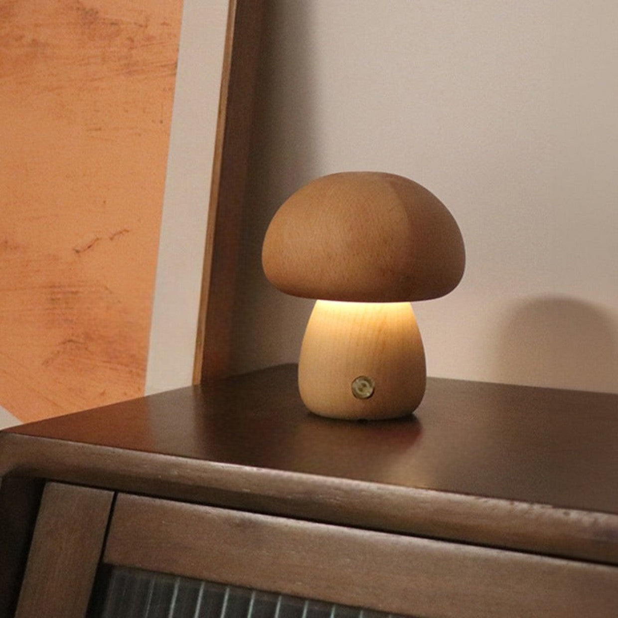 MushroomGlow – Rechargeable Wooden Table Lamp with Touch LED Light