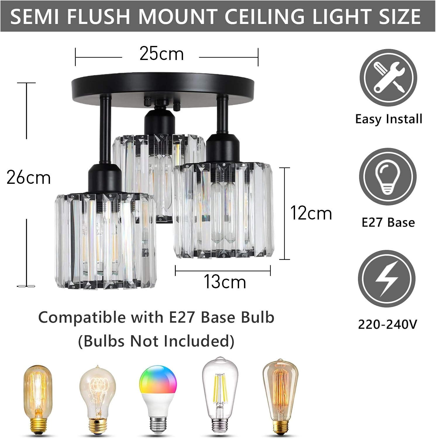 CrystalAura - Elegant Semi-Flush Mount Ceiling Light for Sophisticated Spaces